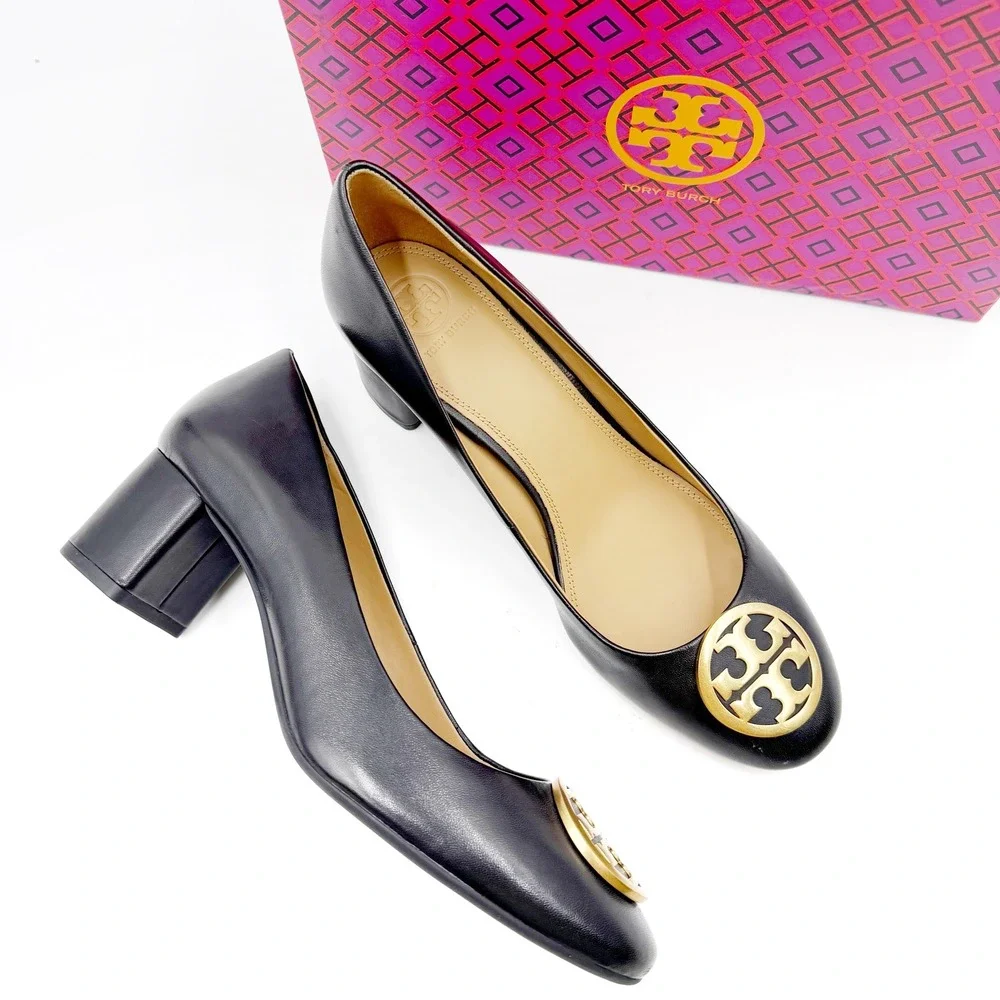 Tory Burch Benton Pump Black Leather Gold Medallion Block Heel Womens 9.5